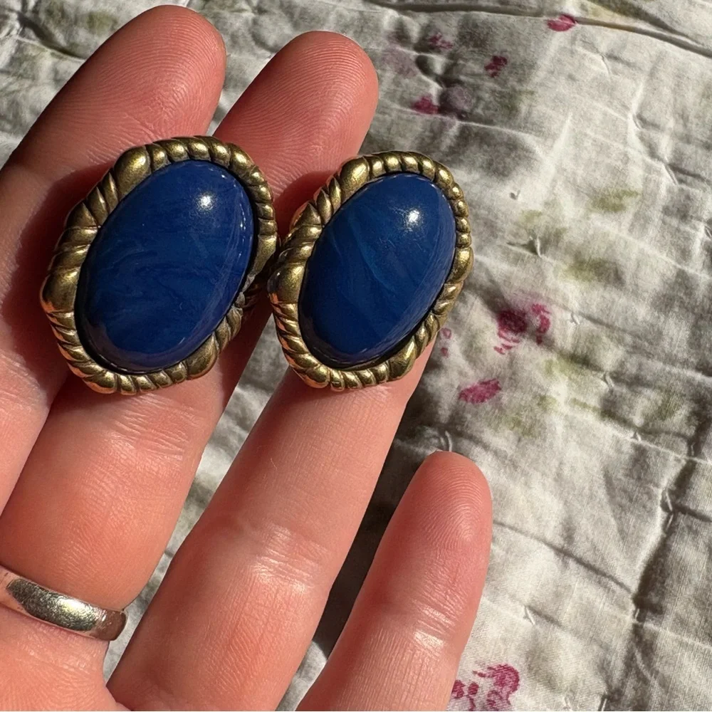 1928 vintage clip on earrings blue cabochon gold twisted rope art deco nautical - Picture 4 of 8